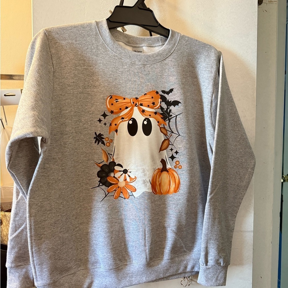 Gray Halloween Ghost Sweatshirt with Orange Accents